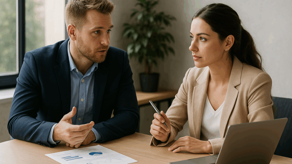 Dois empreendedores analisando gráficos em tela ampla, simbolizando as principais tendências do empreendedorismo digital em 2025