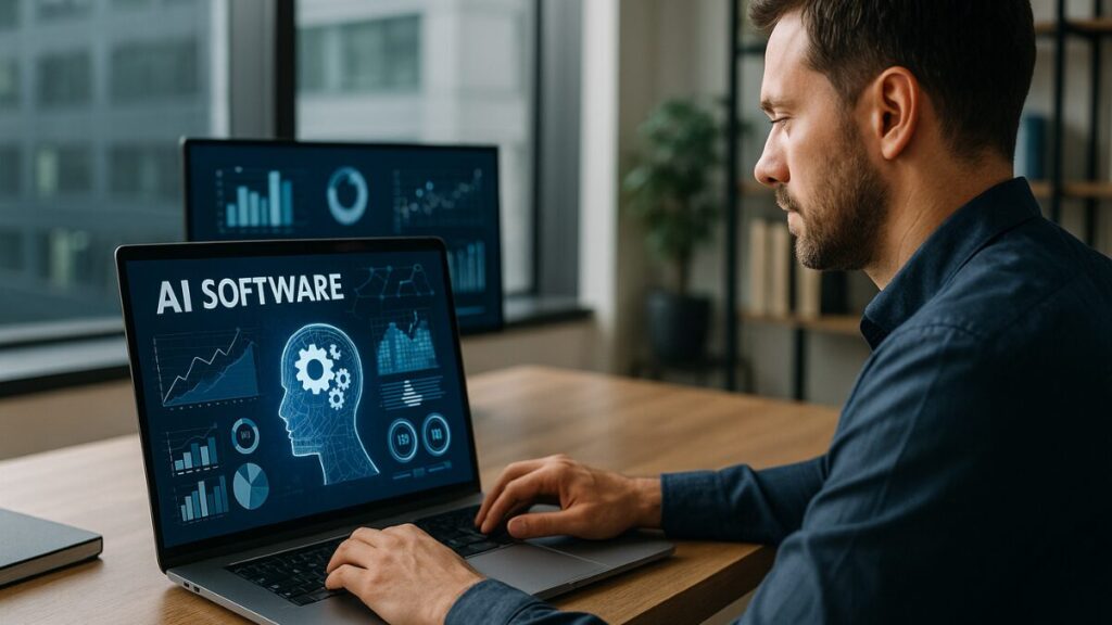 Homem analisando softwares de IA em laptop, com gráficos e interface digital ao fundo em um escritório iluminado.