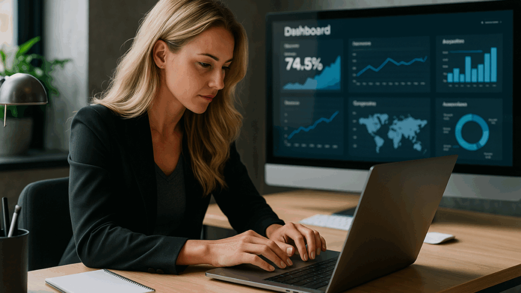Mulher analisando dados em laptop e monitor, representando o uso de ferramentas no empreendedorismo digital em 2025