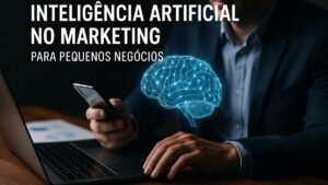 Profissional com laptop e smartphone, interagindo com tecnologia de IA representada por um cérebro digital azul em 3D.