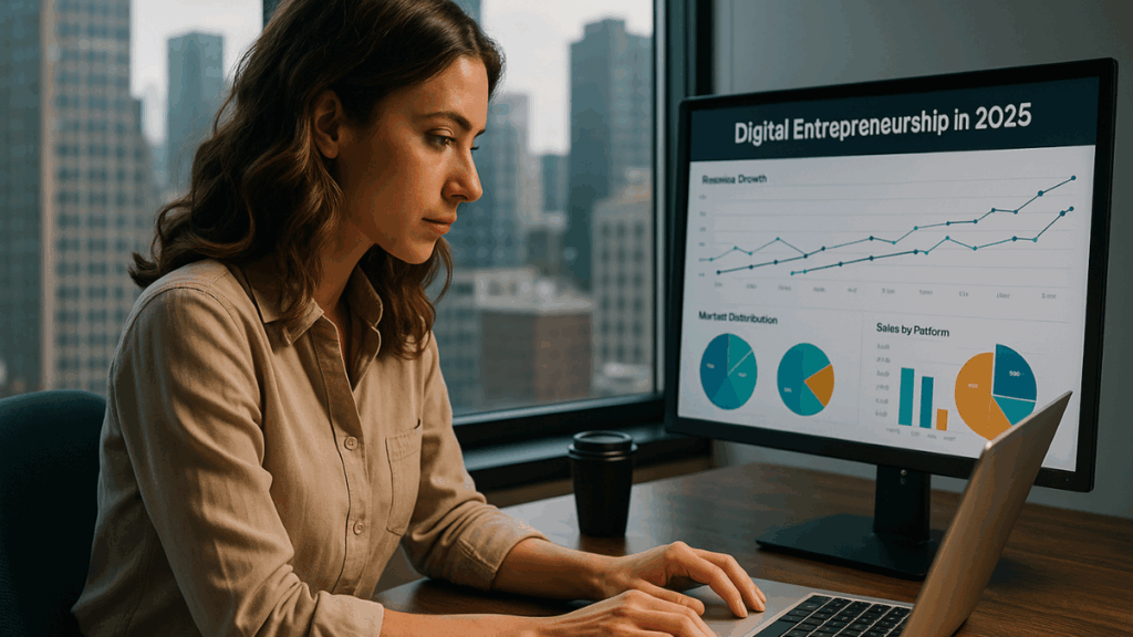 Jovem profissional olhando para telas futuristas com gráficos, representando as perspectivas do empreendedorismo digital em 2025