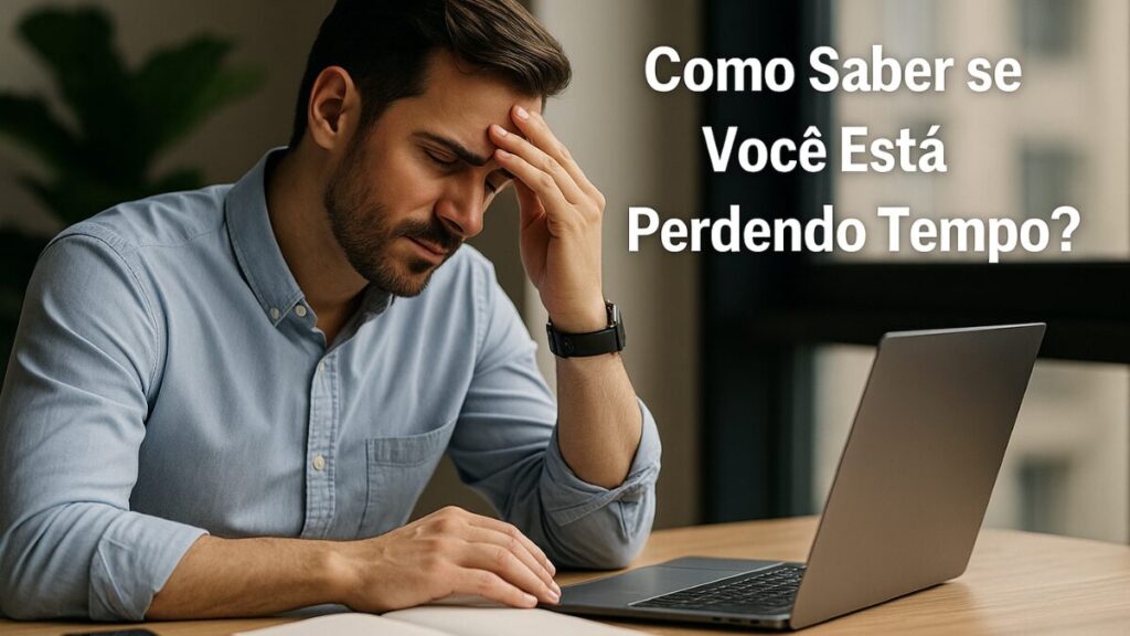 Empreendedor sentado com expressão de estresse diante do notebook e caderno, em ambiente de trabalho moderno e iluminado.