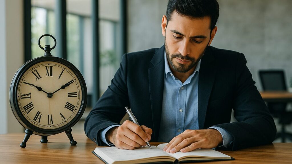 Empreendedor usando notebook com múltiplas abas abertas e celular ao lado, analisando aplicativos de gestão de tarefas.