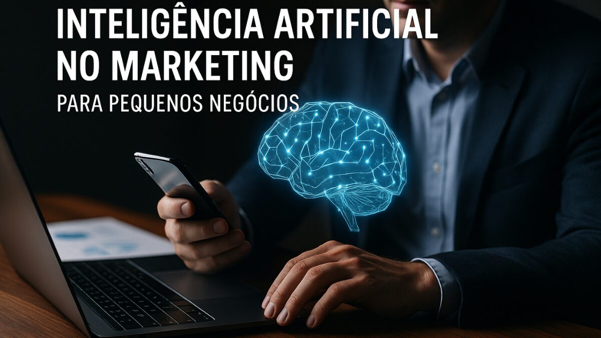 Profissional com laptop e smartphone, interagindo com tecnologia de IA representada por um cérebro digital azul em 3D.