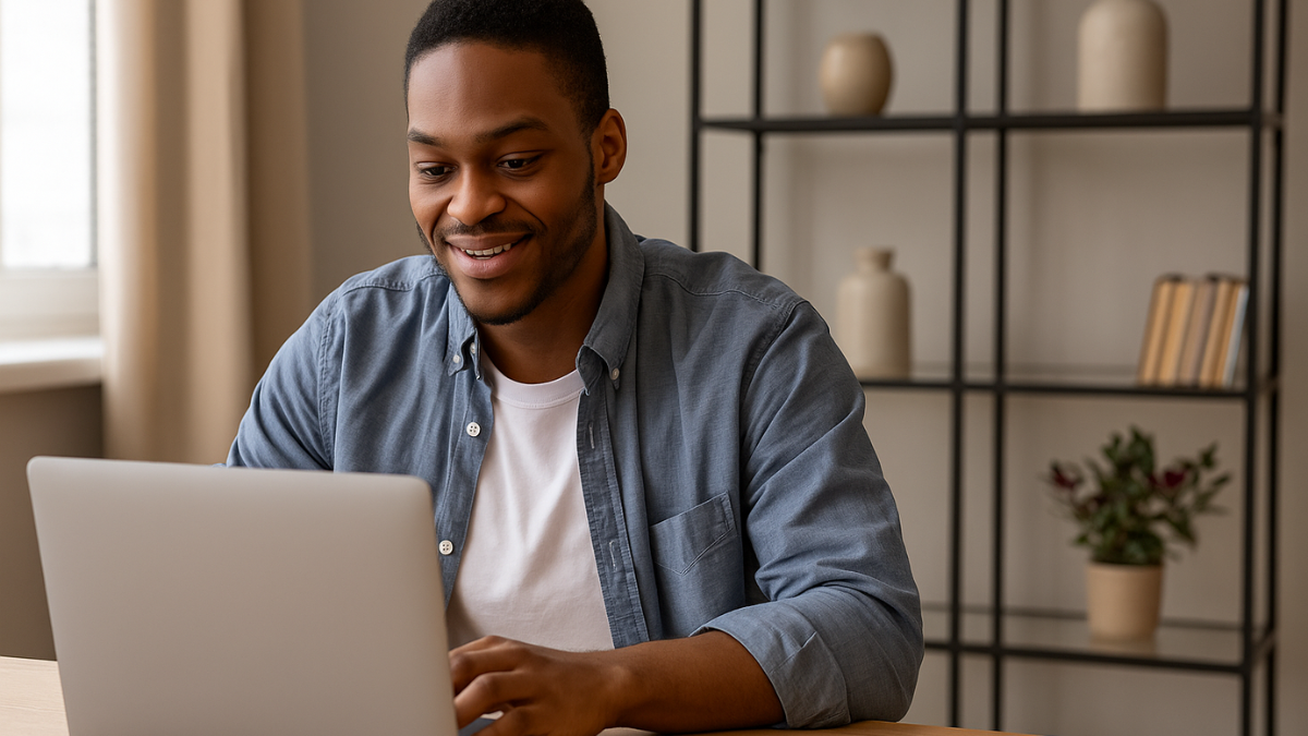Homem jovem estudando cursos online em laptop para aumentar resultados como afiliado.