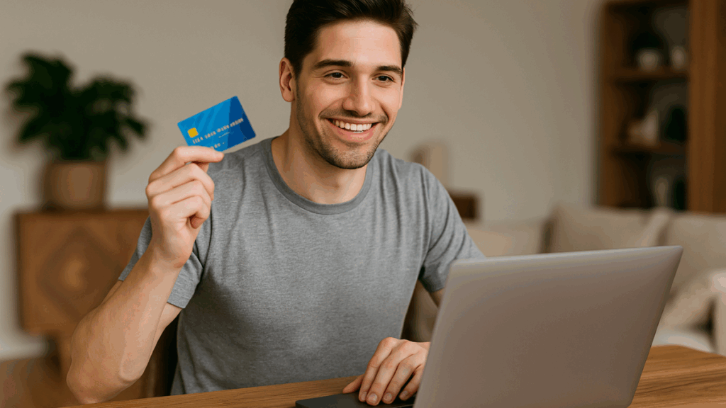 Homem jovem sorridente trabalhando em casa com notebook enquanto segura um cartão de crédito, representando atividades de marketing de afiliados e geração de renda online.