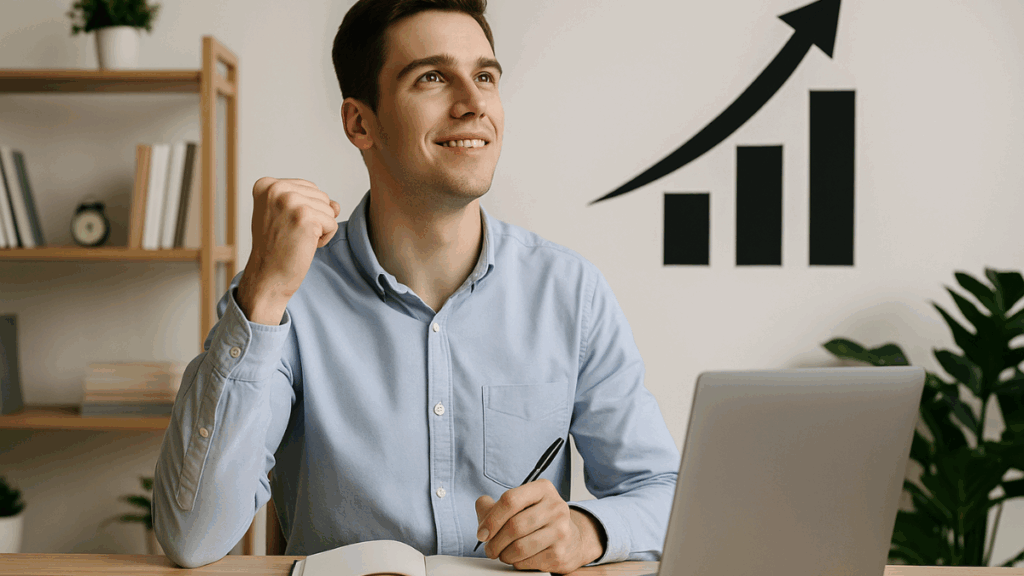 Homem jovem sentado à mesa com notebook e caderno, olhando para cima com expressão confiante, com gráfico de crescimento na parede ao fundo, simbolizando organização e automação de estratégias digitais.