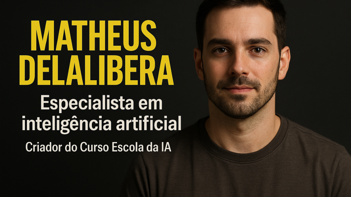 Retrato fotorealista estilo capa de revista mostrando Matheus Delalibera, homem jovem com barba curta, olhando diretamente para a câmera com fundo escuro. Texto ao lado apresenta-o como especialista em inteligência artificial e criador do Curso Escola da IA.