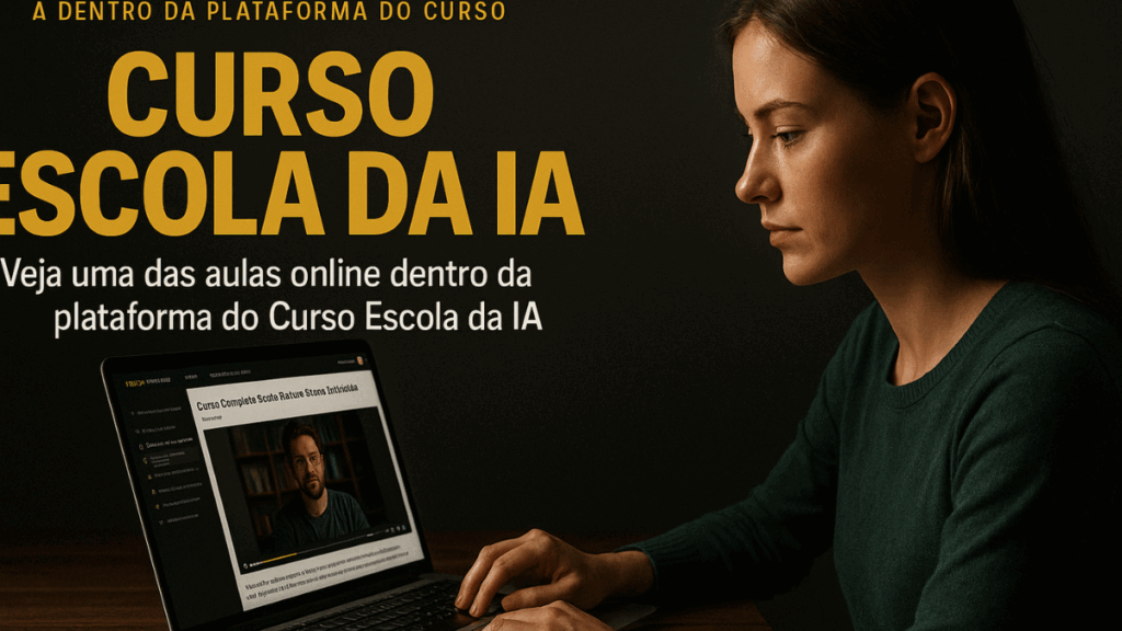 Imagem fotorealista de uma mulher jovem assistindo a uma aula online do Curso Escola da IA em seu notebook, com a interface da plataforma exibida claramente na tela.