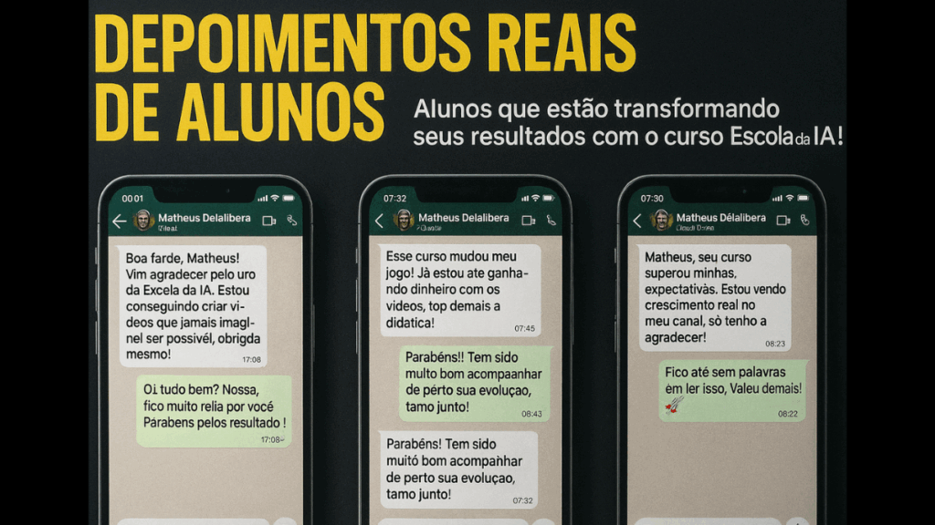 Imagem estilo capa de revista com três celulares exibindo conversas do WhatsApp, onde alunos compartilham depoimentos positivos sobre o Curso Escola da IA.