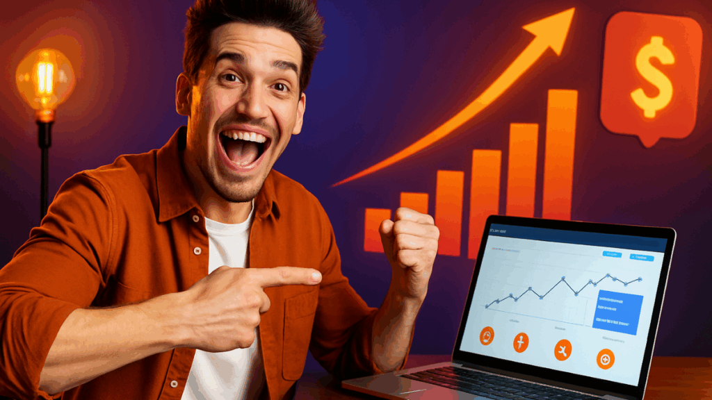 Empreendedor comemorando vendas online e apontando para resultados de lucros no notebook