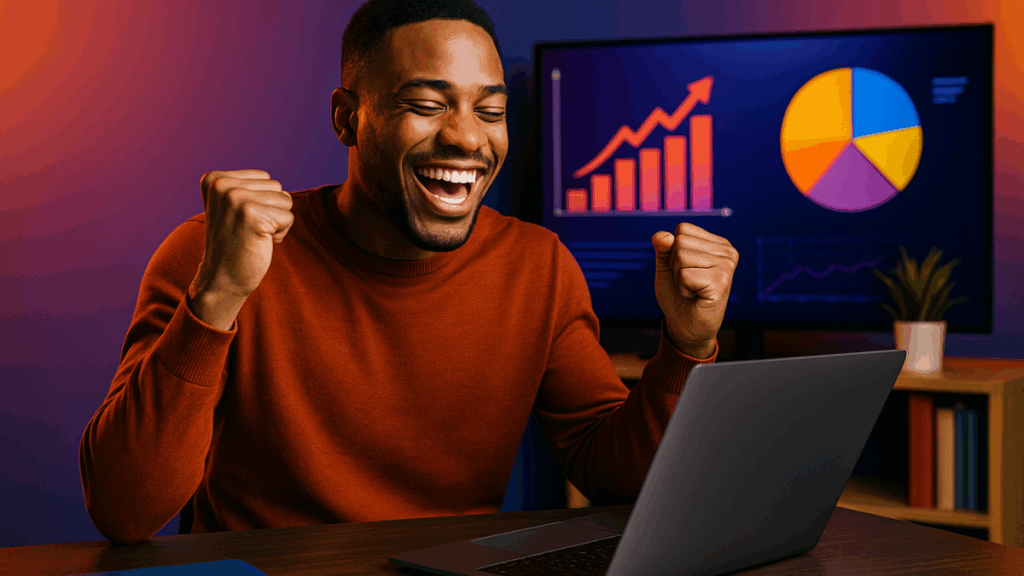 Empreendedor comemorando os primeiros resultados positivos do negócio digital