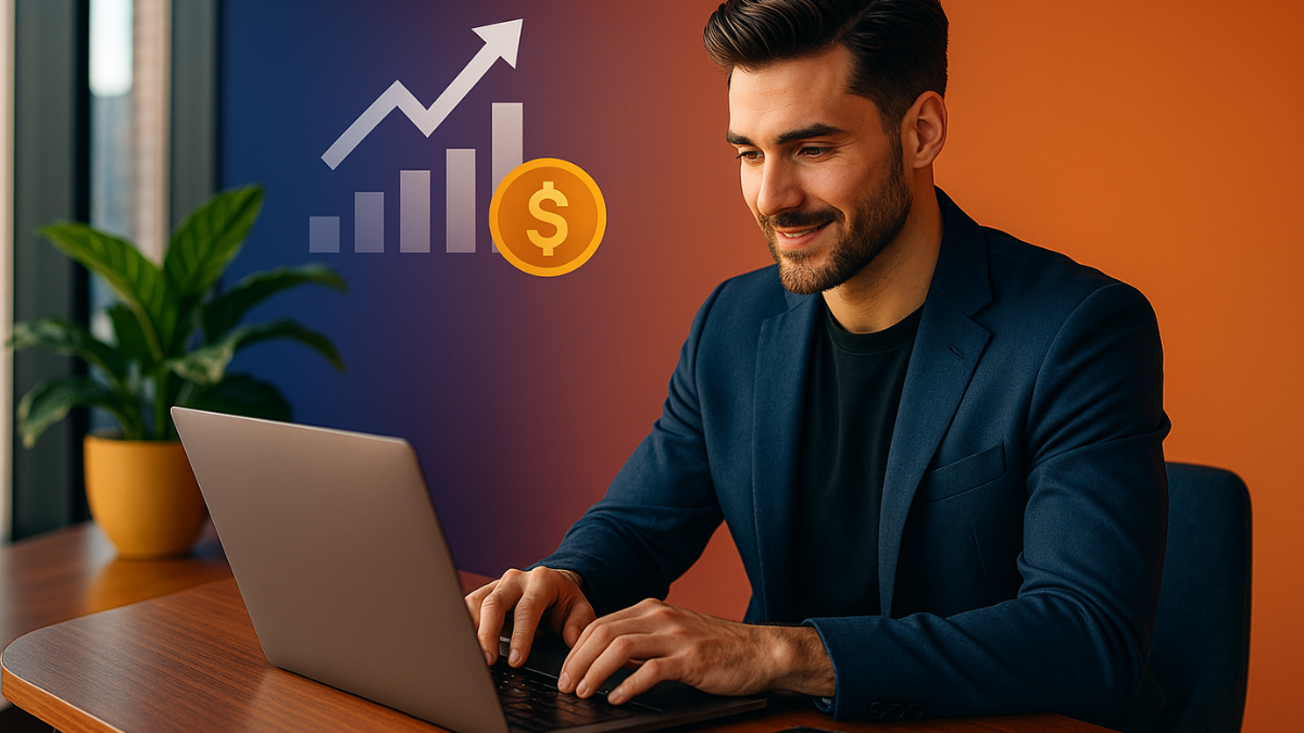 Empreendedor moderno trabalhando em um laptop em ambiente profissional