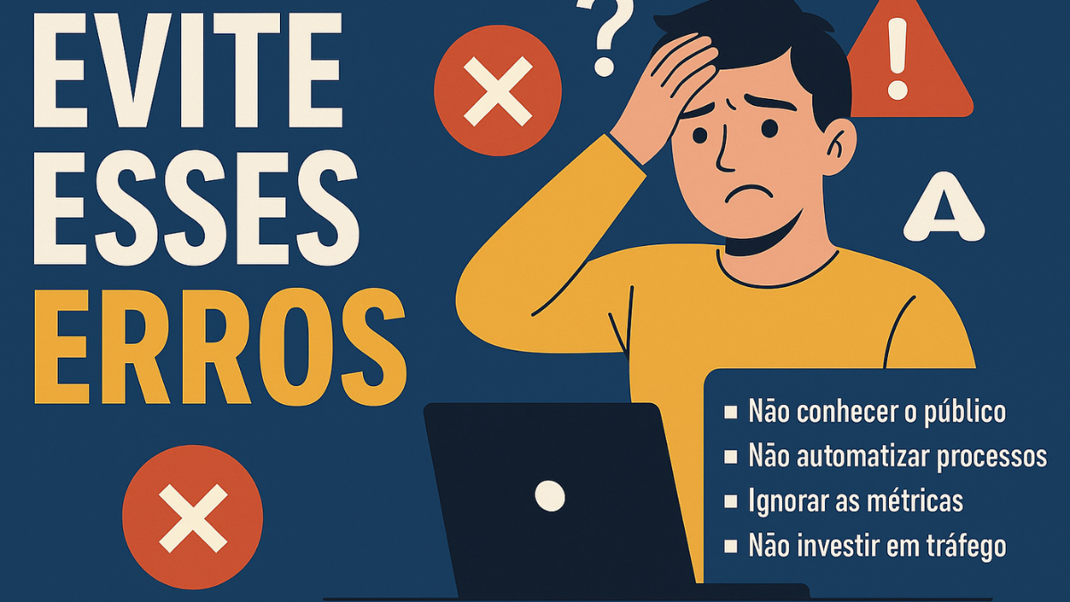 Imagem estilo capa de revista mostrando um homem preocupado em frente ao computador, com ícones de erro, sinais de alerta e uma lista de erros comuns ao criar uma máquina de vendas.