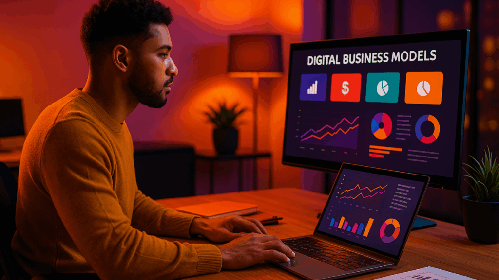 Empreendedor analisando diferentes modelos de negócio digital em ambiente moderno