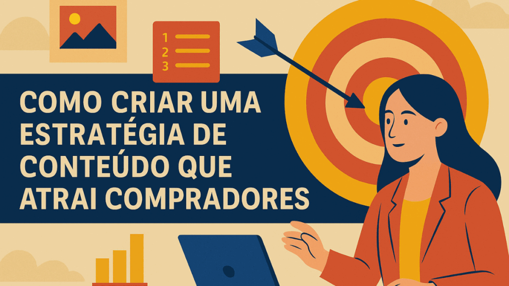 Texto alternativo (Alt Text):
Ilustração de marketing digital com mulher planejando estratégias, alvo com flecha, gráfico de barras e ícones de conteúdo.