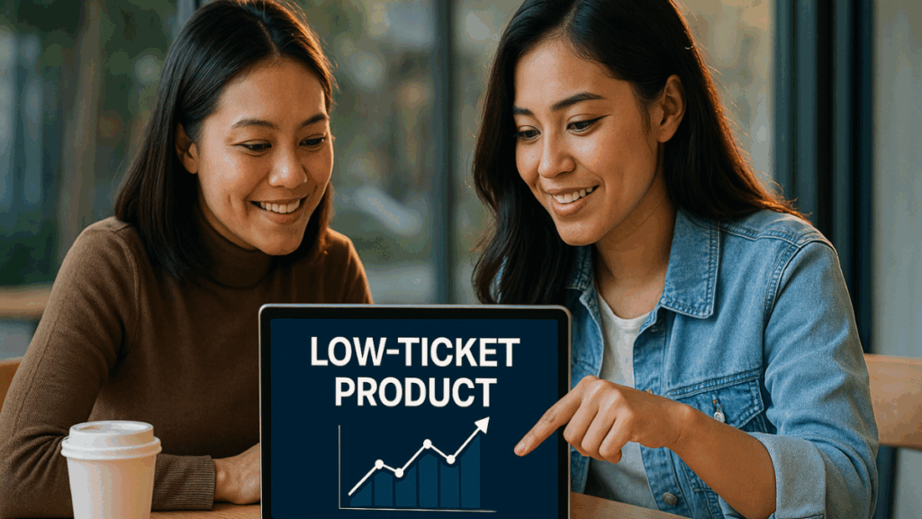 Mulheres analisando tablet com gráfico de crescimento para produto low ticket em ambiente informal.