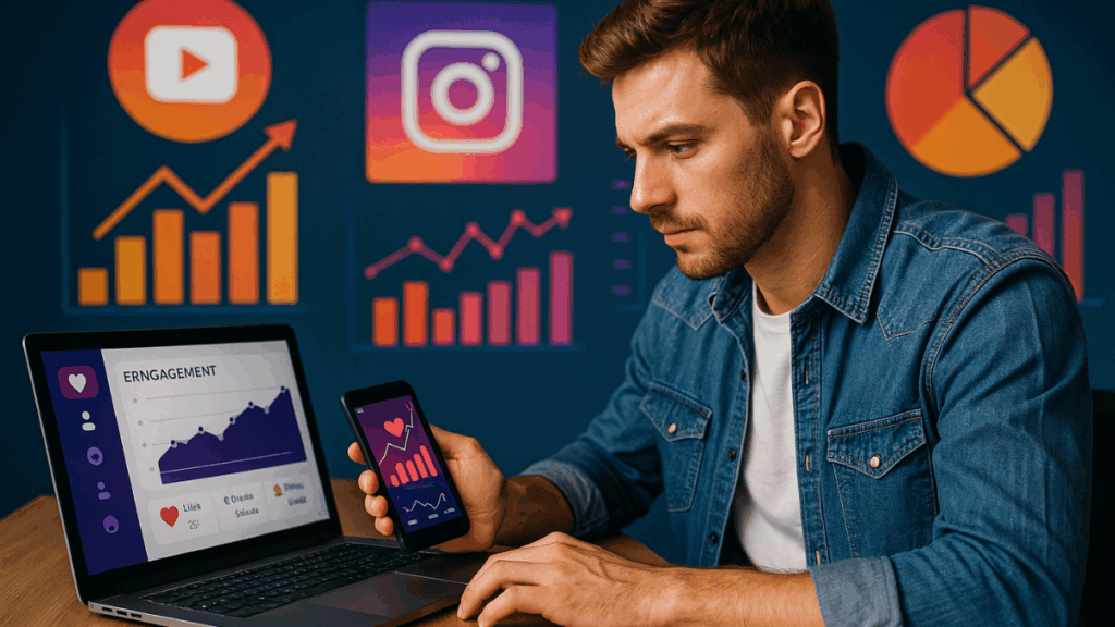 Empreendedor analisando desempenho de marketing digital de baixo custo nas redes sociais