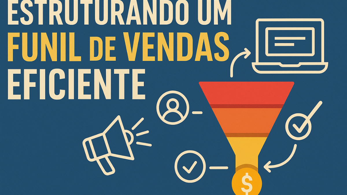 Ilustração estilo capa de revista mostrando um funil de vendas dividido por etapas, representando como criar uma máquina de vendas com um funil eficiente.