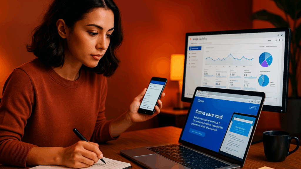 Profissional utilizando diversas ferramentas digitais para gestão de um negócio online