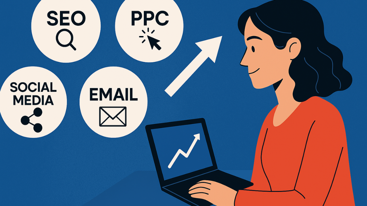 Imagem estilo capa de revista mostrando uma mulher analisando fontes de tráfego digital, com ícones de SEO, PPC, redes sociais e email marketing, representando estratégias para criar uma máquina de vendas.