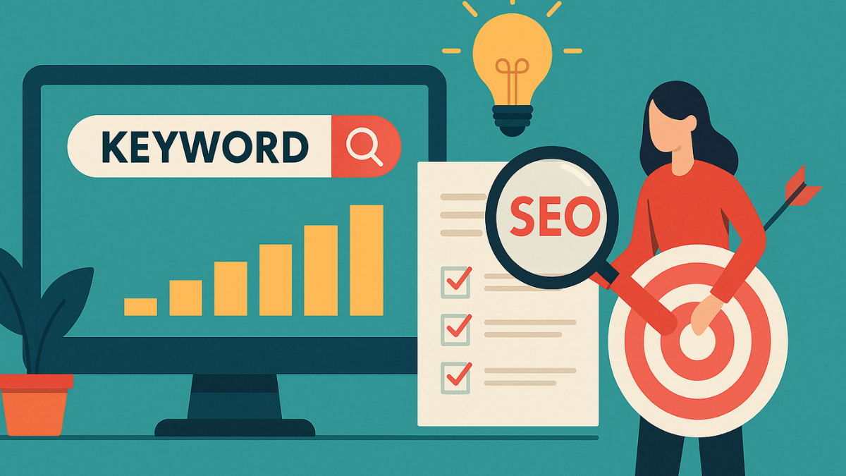 Ilustração de pesquisa de palavras-chave com elementos de SEO, como monitor com gráfico, lupa sobre a palavra SEO, checklist e alvo com flecha.