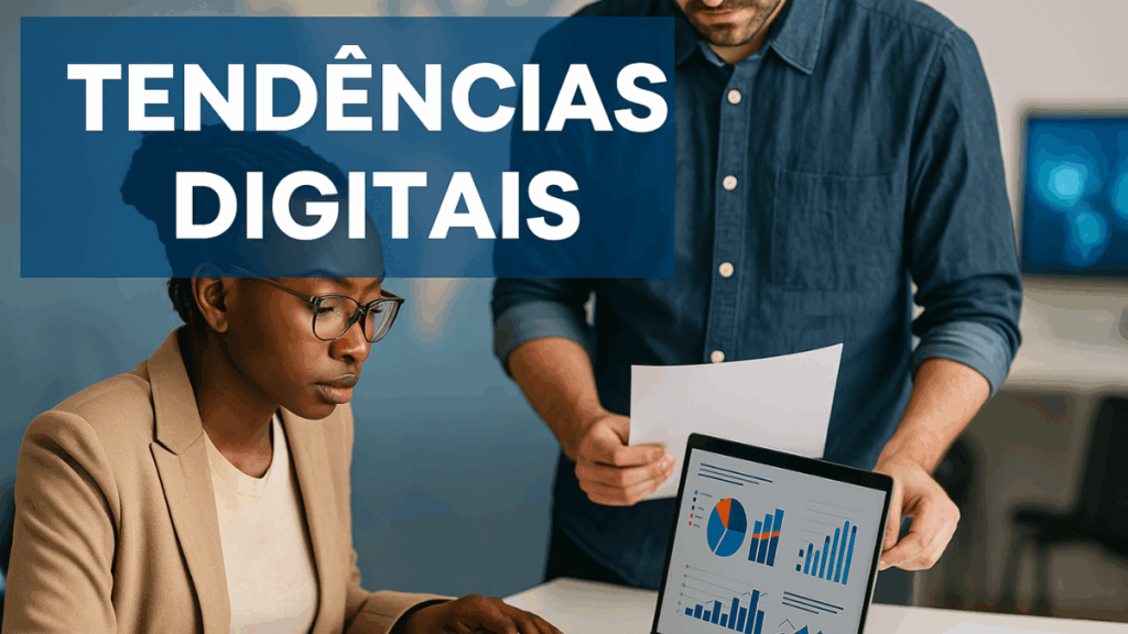 Mulher e homem analisando gráficos em notebook, representando análise de tendências no marketing digital.
