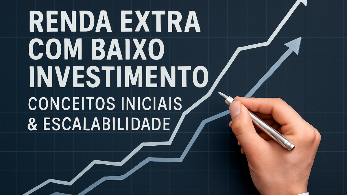 Gráfico com setas ascendentes e mão desenhando linha de crescimento para representar renda extra com baixo investimento