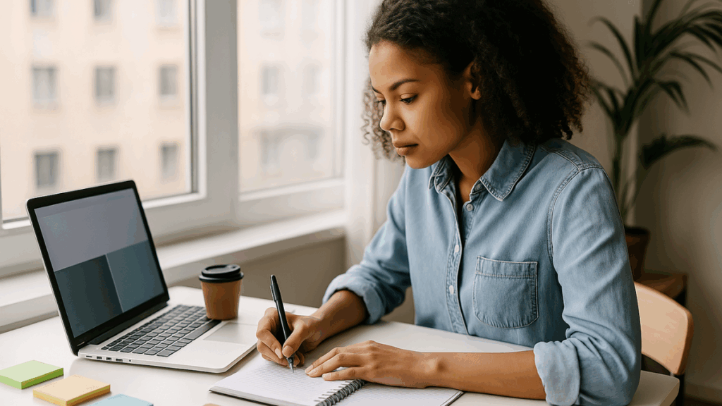 Mulher organizando tarefas em caderno ao lado de laptop para escalar renda extra com baixo investimento