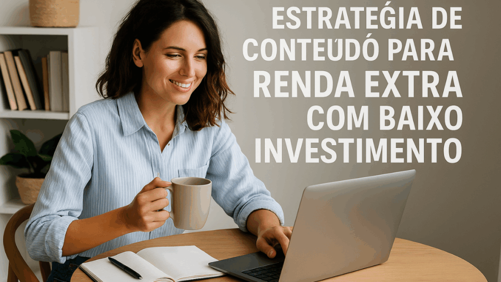 Mulher usando notebook em casa criando conteúdo digital para gerar renda extra com baixo investimento