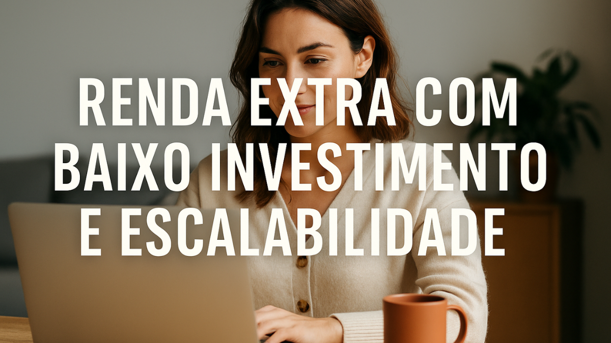 Mulher sorrindo trabalhando em laptop com texto sobre renda extra com baixo investimento