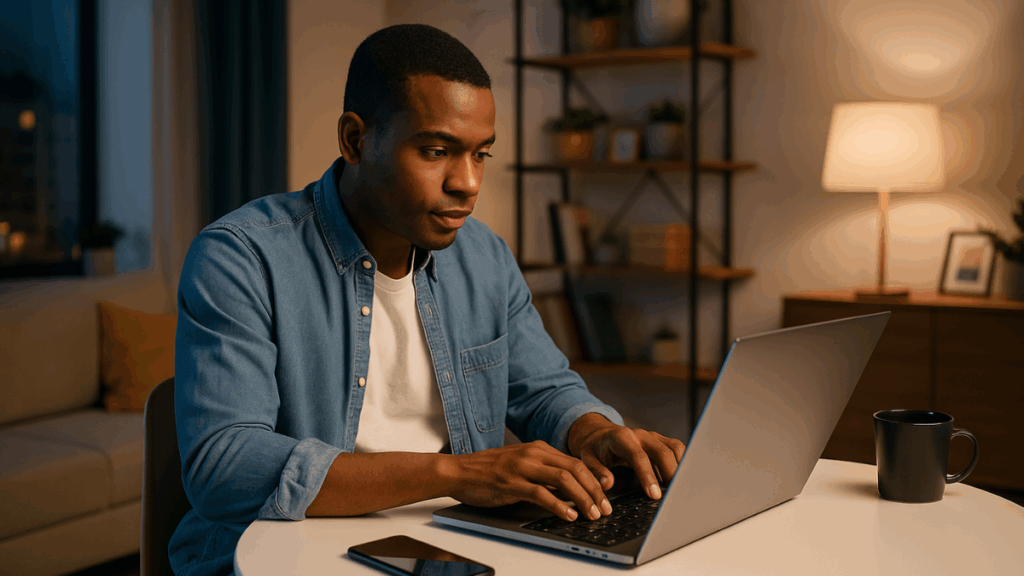 Homem estudando marketing digital e afiliados em casa para gerar renda extra com baixo investimento