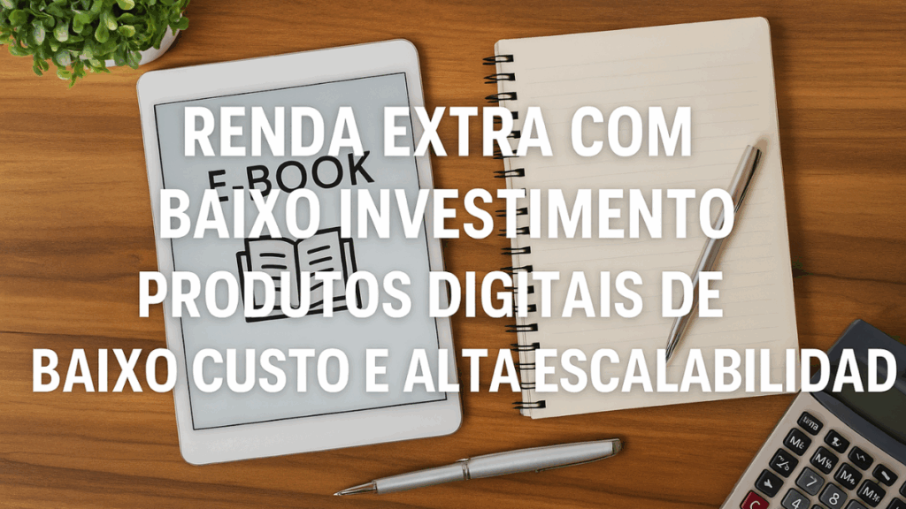 Espaço de trabalho com e-book, bloco de notas e calculadora ilustrando renda extra com baixo investimento usando produtos digitais