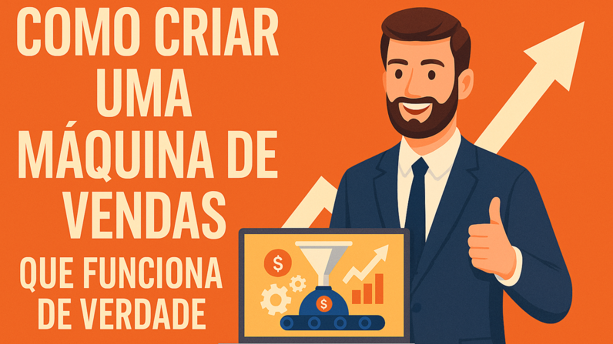 Imagem estilo capa de revista mostrando um homem sorridente segurando um laptop com gráficos de vendas, engrenagens e uma seta de crescimento, simbolizando o sucesso após criar uma máquina de vendas eficiente.