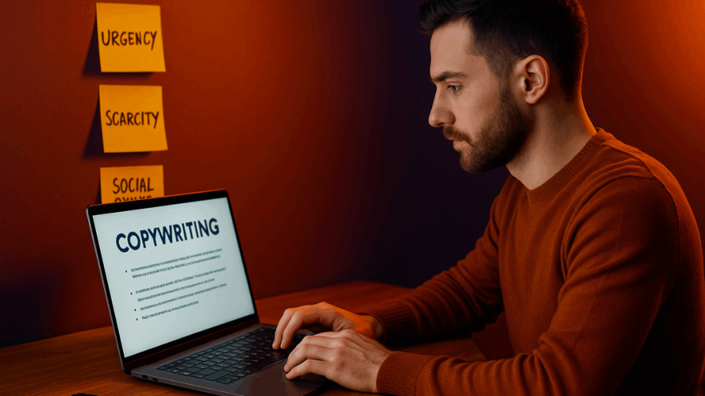 Profissional criando textos persuasivos de vendas com técnicas de copywriting