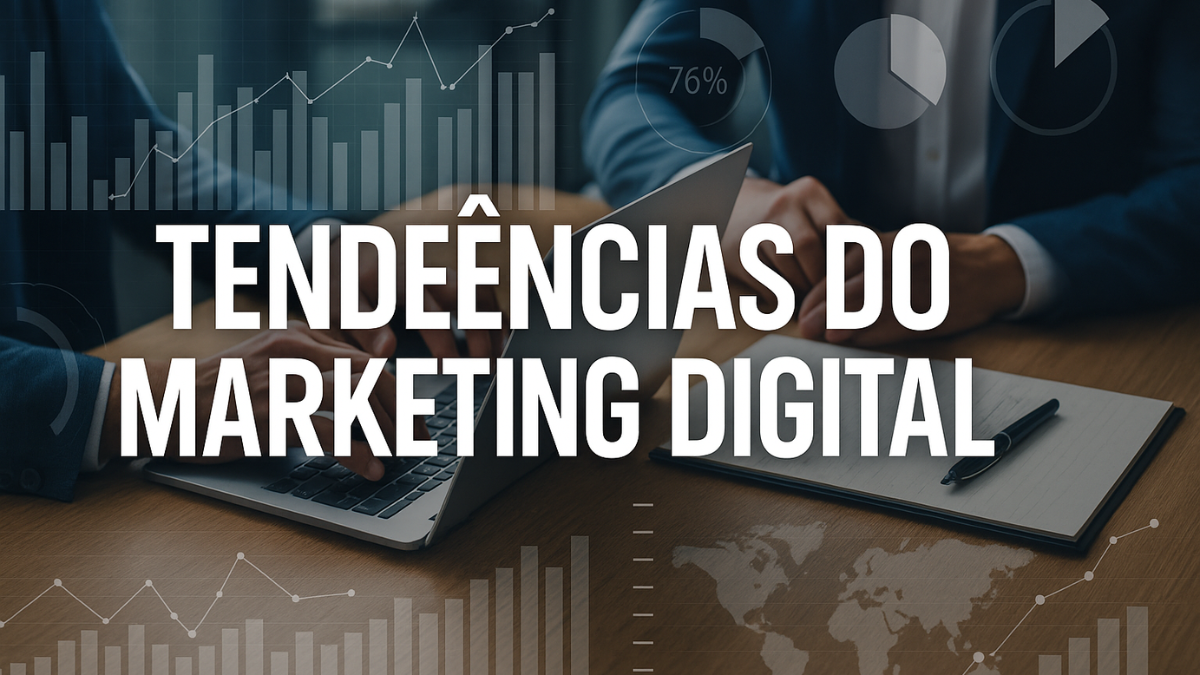 Profissionais de marketing analisando tendências digitais com gráficos e laptop, representando o futuro do marketing digital.
