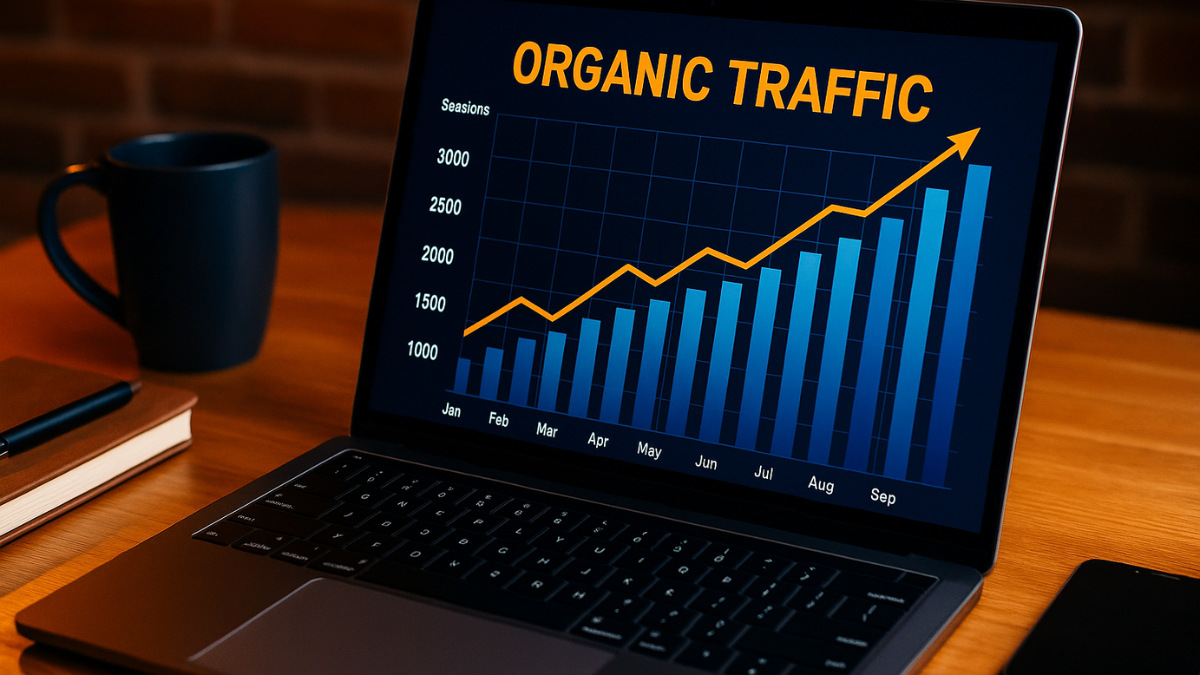 Tráfego Orgânico: Gráfico de crescimento de visitas em laptop moderno com ambiente de trabalho aconchegante