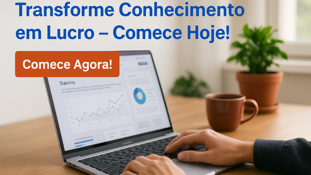 Pessoa usando notebook com gráfico e chamada “Transforme Conhecimento em Lucro – Comece Hoje!”