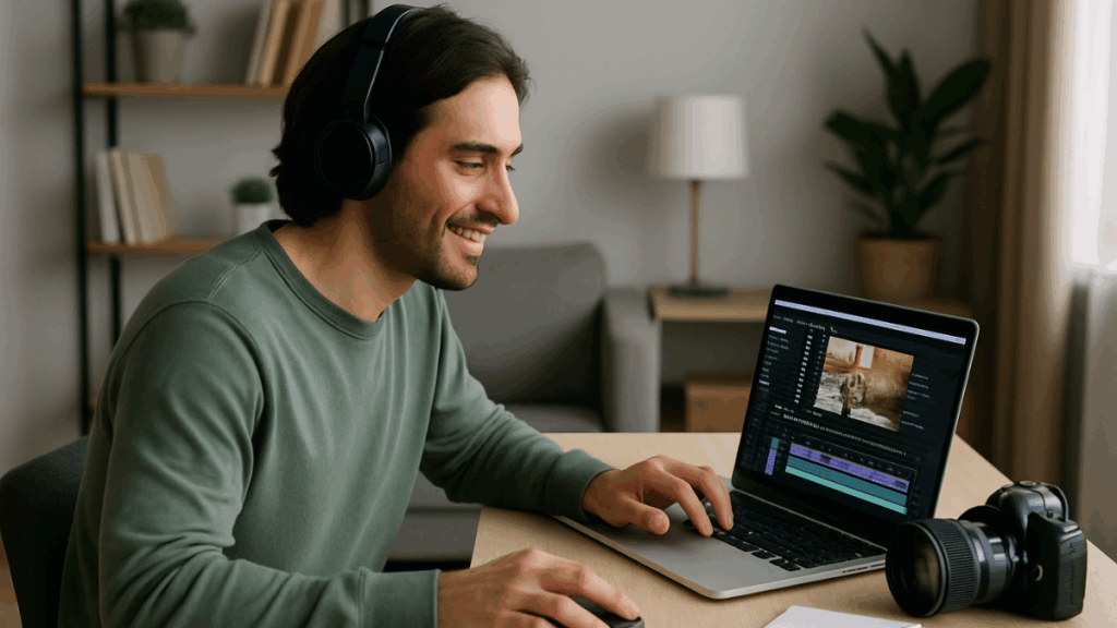 Criador de conteúdo trabalhando em casa com notebook, microfone e câmera, enquanto grava ou edita vídeos para redes sociais, representando a monetização de conteúdo digital.