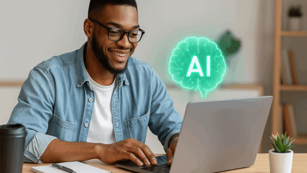 Homem sorrindo enquanto usa IA no notebook para desenvolver produto digital exclusivo.