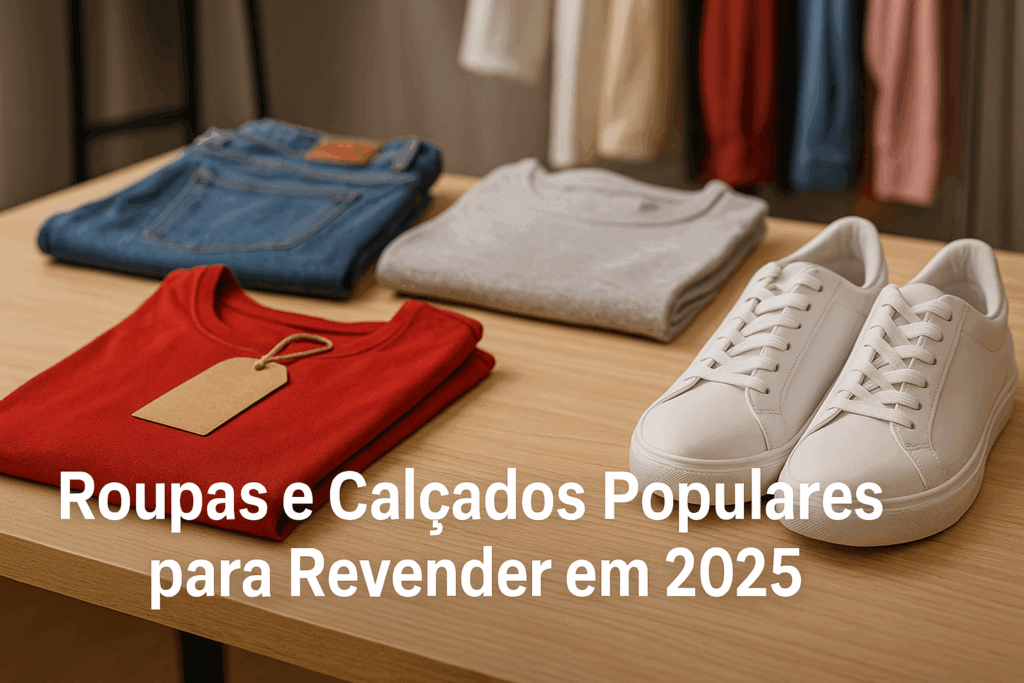 Roupas dobradas e tênis brancos sobre mesa de madeira clara, representando produtos populares para revenda em 2025.