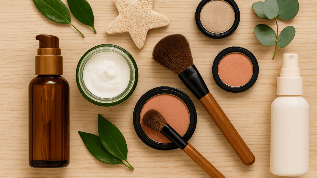 Kit de cosméticos veganos com creme, pincéis, blushes e frascos sobre madeira clara, ao lado de folhas e esponja vegetal.