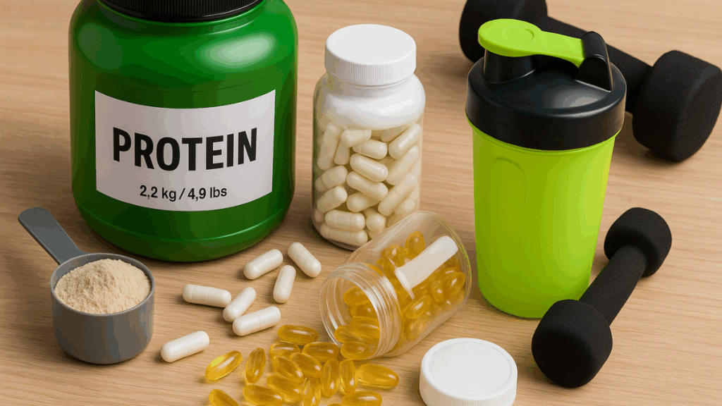 Potes de whey protein, creatina, colágeno, coqueteleiras e cápsulas sobre superfície de pedra escura com fundo neutro.