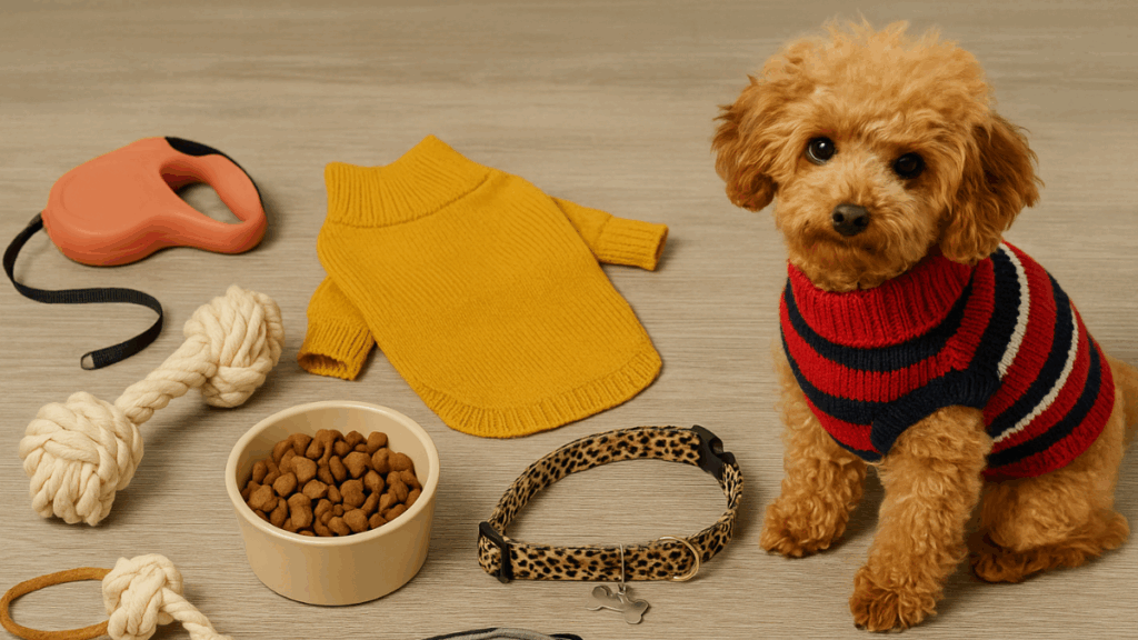 Cachorro pequeno vestido com roupinha colorida ao lado de brinquedos, coleira e comedouro, em ambiente claro e aconchegante.