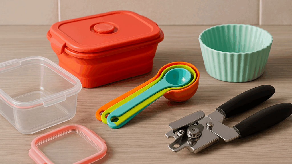 Potes herméticos, colheres de medida, abridor de lata e formas de silicone sobre bancada clara, organizados para revenda.