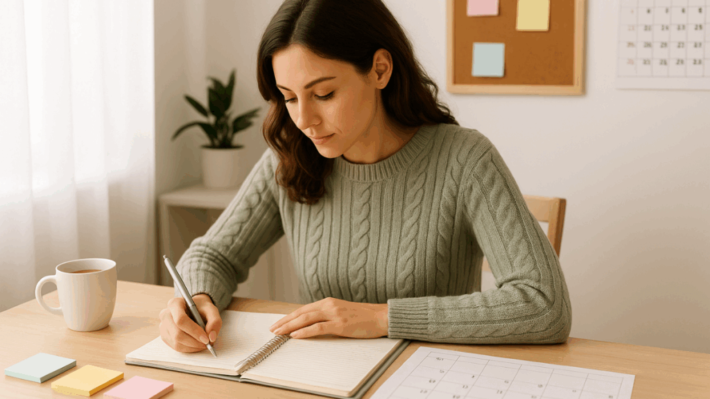 Jovem sentada planejando a semana com bloco de notas e calendário ao lado