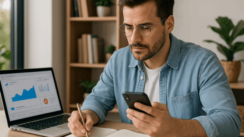 omem escrevendo legendas de impacto para redes sociais com auxílio de análises em gráfico