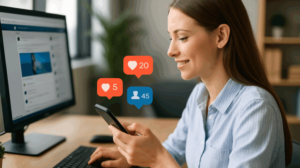 Jovem interagindo com seguidores nas redes sociais através do celular e computador