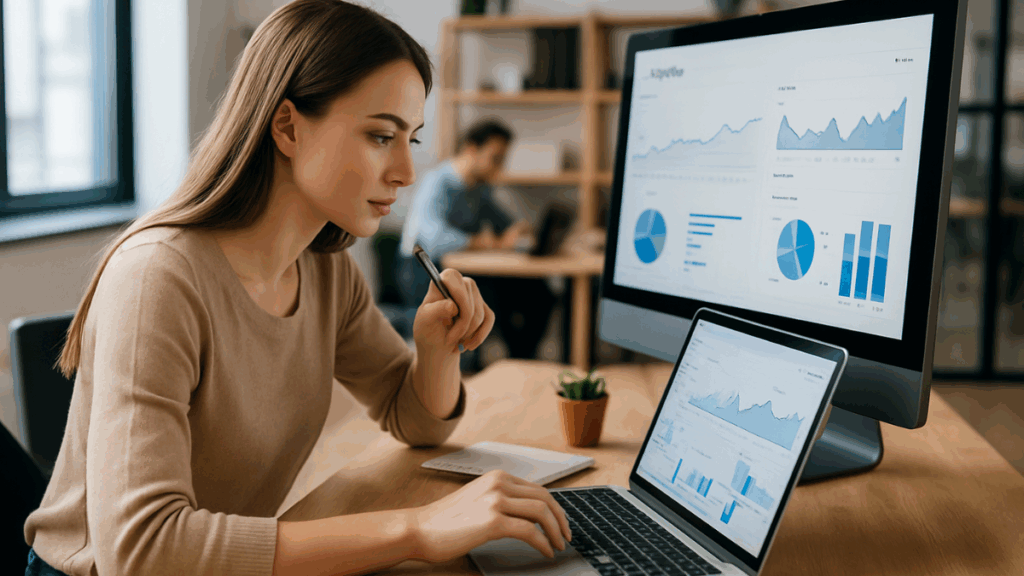 Jovem analisando dados de engajamento e performance no computador