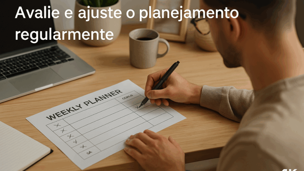Homem marcando tarefas cumpridas em planner semanal em mesa de trabalho